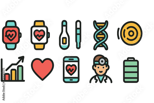 Health and fitness flat icon set. Wellness, exercise, medical symbols collection
