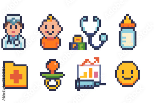 Healthcare and baby pixel icon set. Medical, pediatric icon collection in pixel art