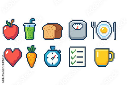 Health and nutrition pixel icon set. Diet, fitness, and wellness illustrated in pixel art.