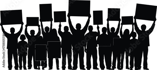 Group of diverse people holding blank protest signs overhead black silhouette vector illustration