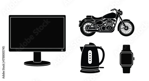 Four black silhouette icons of a computer monitor, motorcycle, kettle, and smartwatch on a white background