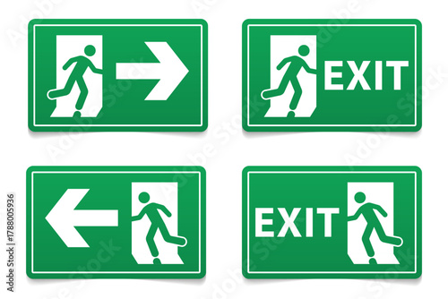 Collection Emergency fire exit sign, Emergency Exit sign board. Green emergency exit sign, Fire sign. Vector illustration