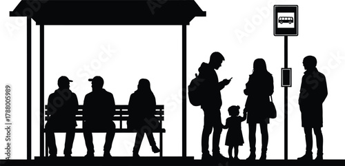 Bus Stop Silhouette Vector Set People Waiting Public Transportation Shelter Urban Life Scene Black and White Graphic