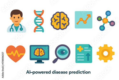 Healthcare, ai flat icon set. Medical technology, ai diagnostic icons flat collection