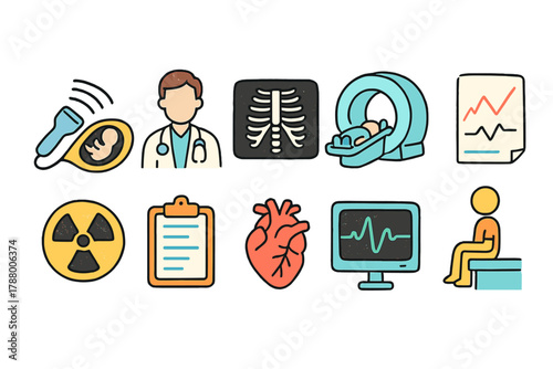 Medical and healthcare icon set. Flat style diagnostics, doctor, hospital icons collection