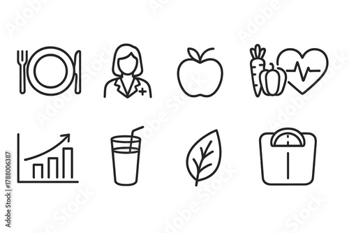 Health and wellness outline icon set. Nutrition, fitness, medical icons collection.