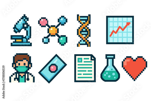Science and healthcare icon set. Pixel, lab, medical, research icons in flat style