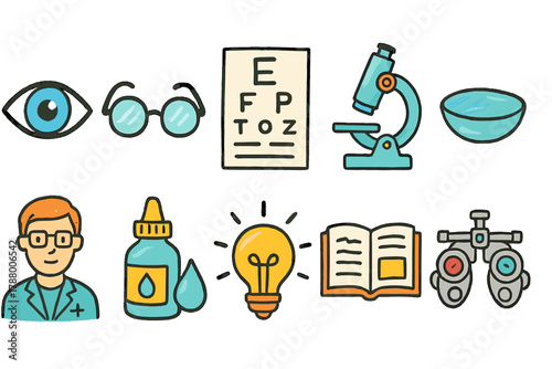 Vision and optometry flat icon set. Eye care tools, vision test, microscope icons.