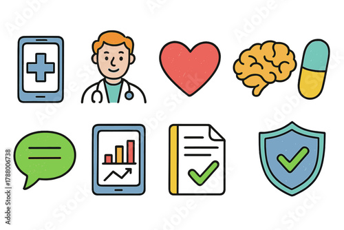 Healthcare and medical linear icon set. Heart, brain, doctor, medicine outline collection