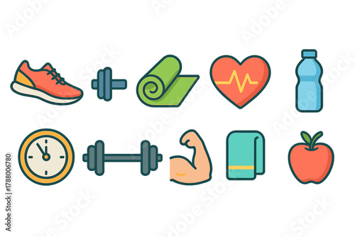 Fitness and health icon set. Outline style wellness and exercise icons collection.