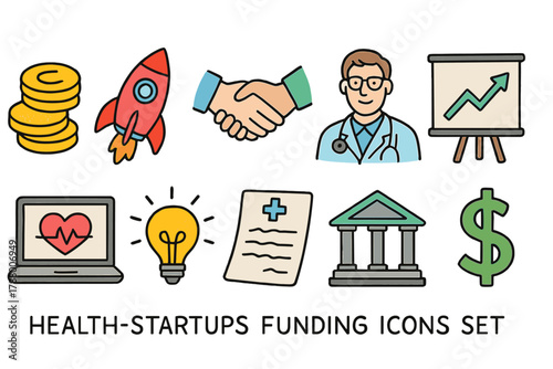 Health startups funding icon set. Explore investment, healthcare in flat style.