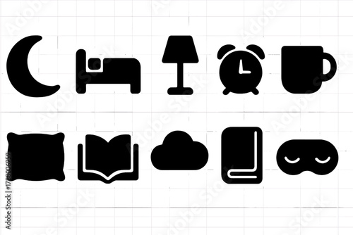 Sleep and relaxation silhouette icon set. Bedtime, comfort, night icons silhouette collection