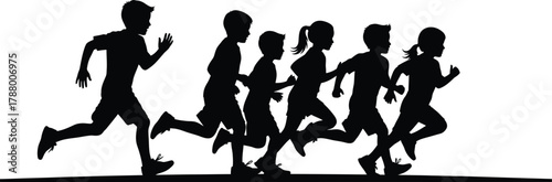 Black silhouette vector of a group of running children racing together isolated on white