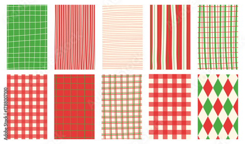 Christmas retro, vintage hand drawn abstract patterned backgrounds. French, Italian style patterns with strips, checkered and plaid vector pattern. Pastel colors festive abstract design bg.