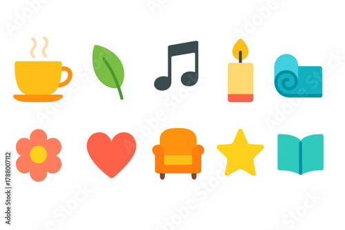 Glowing neon icon set. Coffee, leaf, music, candle, relax outline icons collection