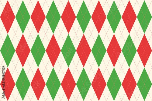 Bright Christmas argyle pattern background with classic diamond shapes. Red, green, beige tones create elegant textile-inspired textured bg, for fabric print, wrapping paper, wallpaper design, vector