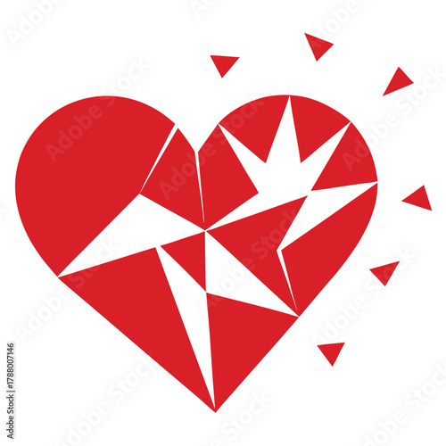 A broken red heart with jagged edges, representing emotional pain and the end of love isolated on white background