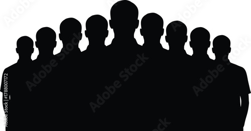 Large Group of Men Silhouette Vector Illustration Showing Teamwork Crowd Unity and Central Leadership Figure Black and White Graphic