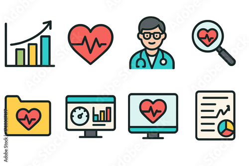 Healthcare and medical flat icon set. Doctor, heartbeat, data analysis icons collection