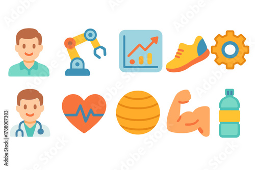 Healthcare and fitness flat icon set. Doctor, exercise, heartbeat symbols collection