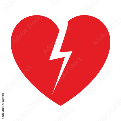A red heart split by a lightning bolt, symbolizing sudden heartbreak and emotional shock isolated on white background
