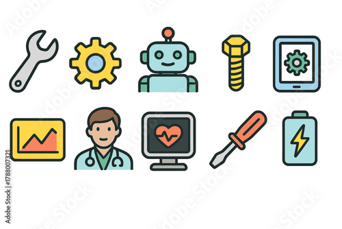 Technology and healthcare filled icon set with tools, robot, and medical symbols