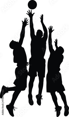 Black Silhouette Vector of Basketball Players Jumping for the Ball Competition and Rebound Action
