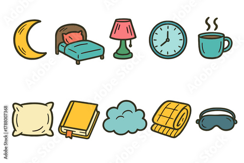 Sleep and relaxation flat icon set: moon, bed, pillow, lamp, clock, coffee, book