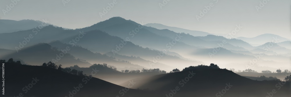 Fototapeta premium Mountain Landscape Shrouded in Mist Offers Quiet Moments of Reflection and Peace During Early Dawn Light