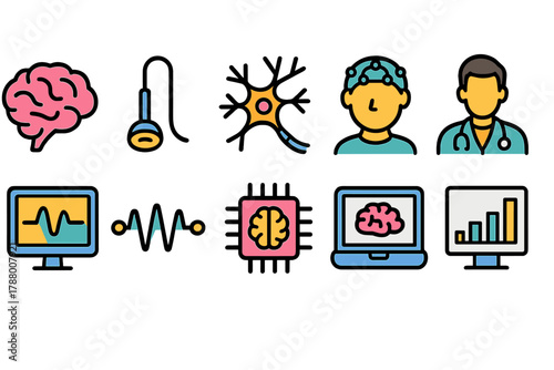 Brain and neuroscience line icon set for scientific research and diagnostics