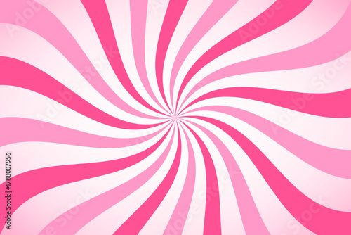 Undulate pink radial stripes background. Strawberry lollipop, candy, yogurt or marshmallow print. Sweet rotating cartoon swirl or whirlpool. Vector illustration