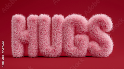 Hugs word in pink fluffy furry texture on red background