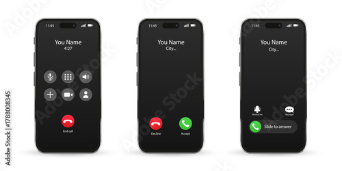 Incoming call phone app on a screen. Phone calling app. Smartphone with call in screen. Accept button, Reject button. Incoming call. Call screen template. Vector illustration