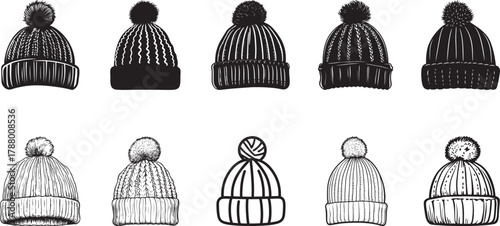 Various winter hats with pom poms, including knitted and ribbed designs.