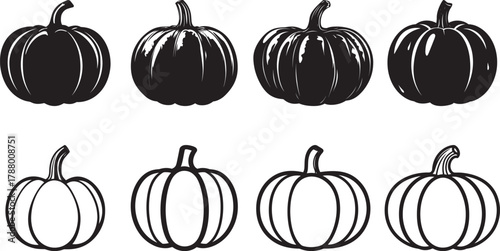 A set of black and white pumpkin silhouettes vector illustration