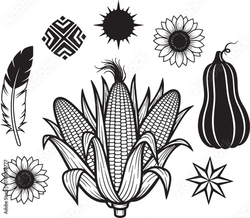 A black and white illustration featuring a corn cob, sunflower, and pumpkin vector illustration