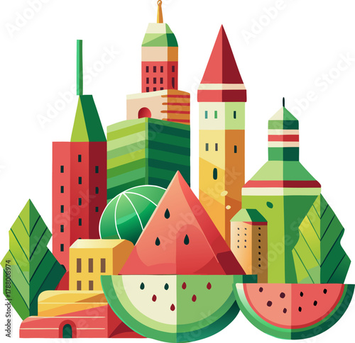A whimsical cityscape where the buildings are shaped like watermelon slices, wedges, and rinds