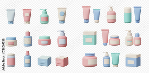 A collection of 3D rendered pastel cosmetic and skincare product containers including tubes, bottles, jars, and boxes on a transparent background.