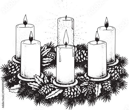 A black and white illustration of a Christmas wreath with five lit candles and pine cones, set vector illustration