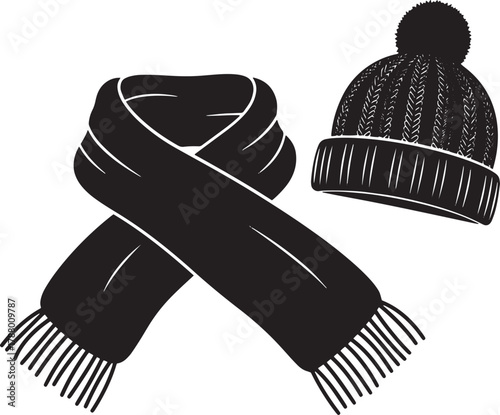 A black and white illustration of a knitted hat and scarf vector illustration