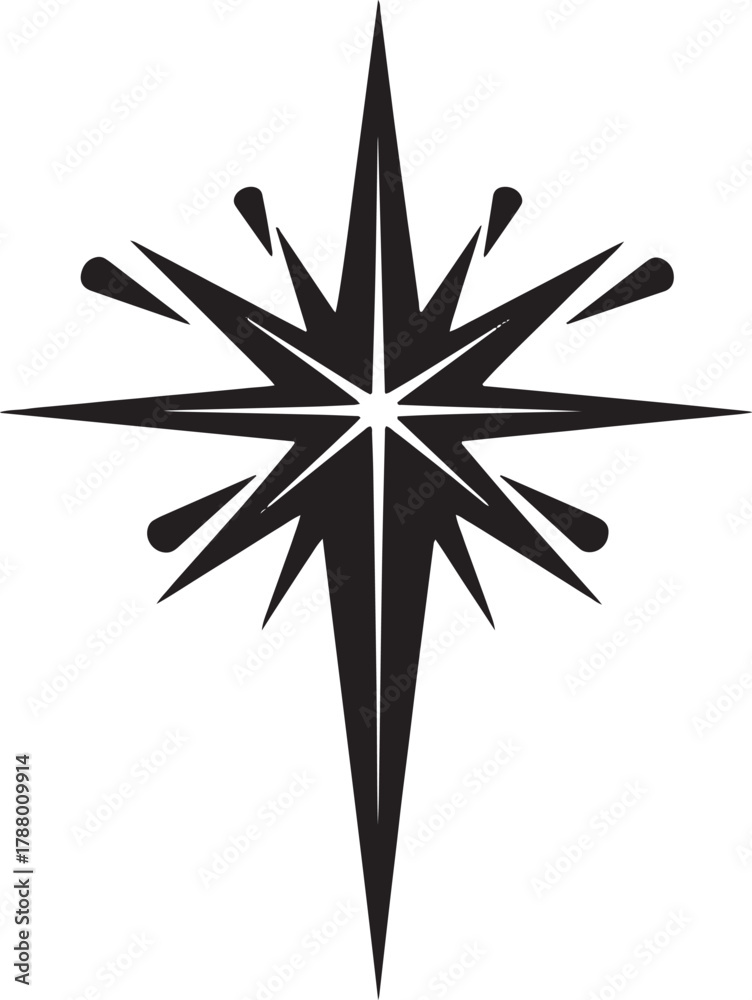 Obraz premium A black and white illustration of a compass rose with a star at its center.