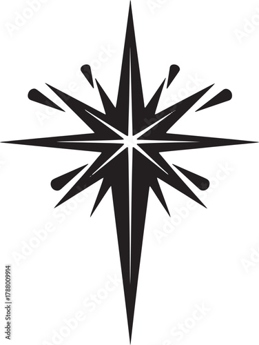 A black and white illustration of a compass rose with a star at its center.