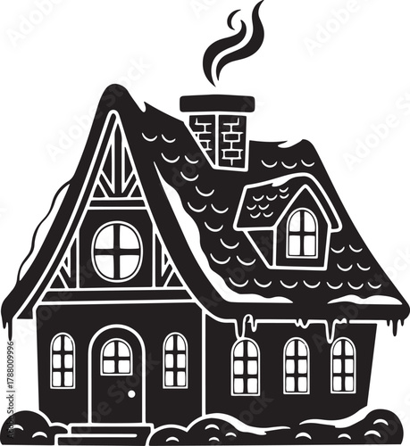 A black and white illustration of a cozy, snow-covered house with a chimney and icicles, set vector illustration