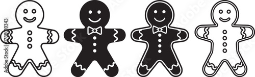 Four black and white gingerbread men with bow ties, standing in a row.