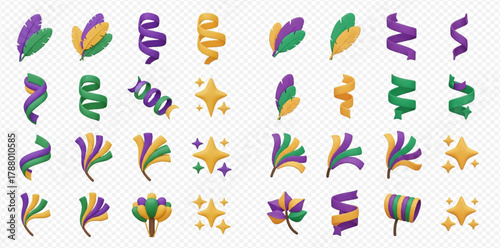 A collection of Mardi Gras themed elements including feathers, confetti, streamers, and sparkling stars in purple, green, and gold colors.