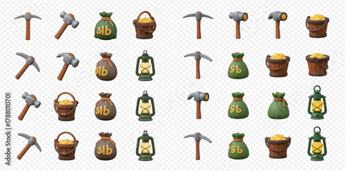 A collection of 3D rendered mining and treasure icons including pickaxes, hammers, money bags, gold buckets, and lanterns.