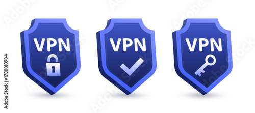 Set 3d VPN of shield with key, lock sign and check mark. Design concept of private network connectivity. Technology security shield. Virtual private network, password protection. Vector illustration