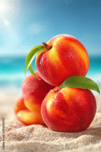 Fresh Juicy Peaches Water Droplets Sandy Tropical Beach Summer Vacation Healthy Food Closeup