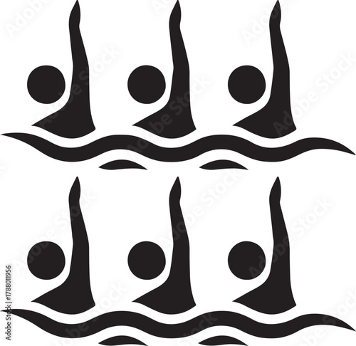 Six synchronized swimmers formation silhouette icon, perfect for aquatic sports and team design.