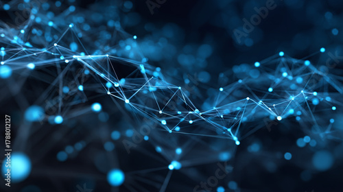 An abstract representation of a complex network or data structure with connected nodes and lines in blue hues